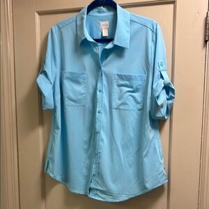 Chico's Aqua Blue Blouse with Rolled Tab Sleeves Gently Loved 2